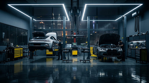 XP Euro Performance Kuala Lumpur Performance Bay with Porsche GT3 and BMW M4 Competition under overhead LED frames