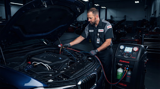 Master technician connecting digital automotive air-conditioning recovery recharging station manifold hoses