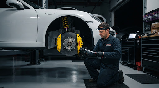 Master technician installing high-performance yellow Brembo big brake calipers and KW coilover suspension