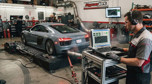 European sports car strapped onto an all-wheel-drive dyno roller cell with exhaust extraction pipes