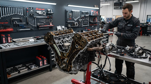 Precision engine overhaul, disassembled high-performance V8 twin-turbo engine on an engine stand