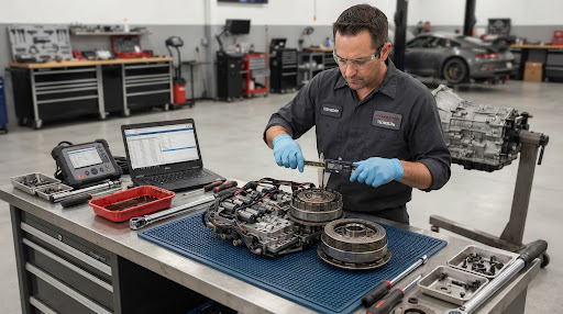Dual-clutch transmission gearbox maintenance, disassembled Porsche PDK or ZF transmission mechatronics unit