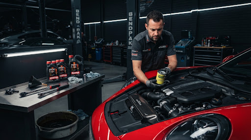 Master technician performing routine oil change and fluid maintenance on a modern European sports car engine bay