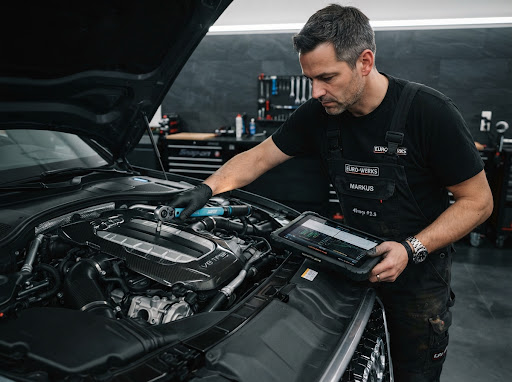 XP Euro Performance master technician inspecting twin-turbo V8 engine bay using digital diagnostic tablet